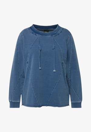 Světle modrá mikina s kulatým výstřihem, dlouhými rukávy, předními šňůrkami a kontrastním prošíváním v diamantovém vzoru. Měkká textura.