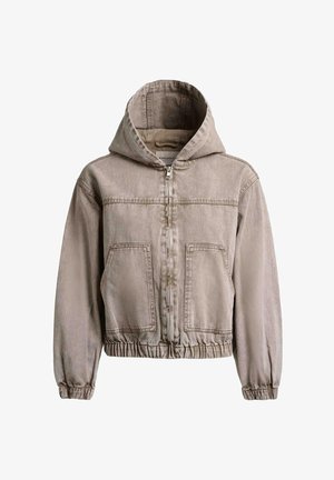 Lysebrun hættetrøjejakke med lynlås, to forlommer og elastiske kanter ved ærmer og talje, lavet af denim-lignende stof.