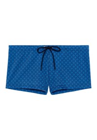 Shorts de bain bleus avec un motif en losanges, en tissu léger, avec une taille élastique et un cordon de serrage à l'avant.