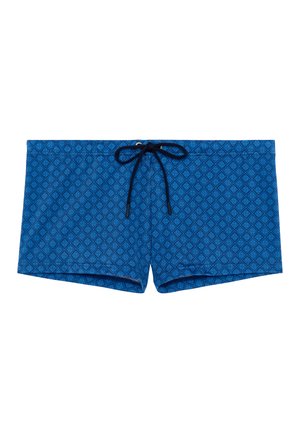 Blaue Badeshorts mit einem Rautenmuster, leichtem Stoff, elastischem Bund und einer Kordelzugbindung vorne.
