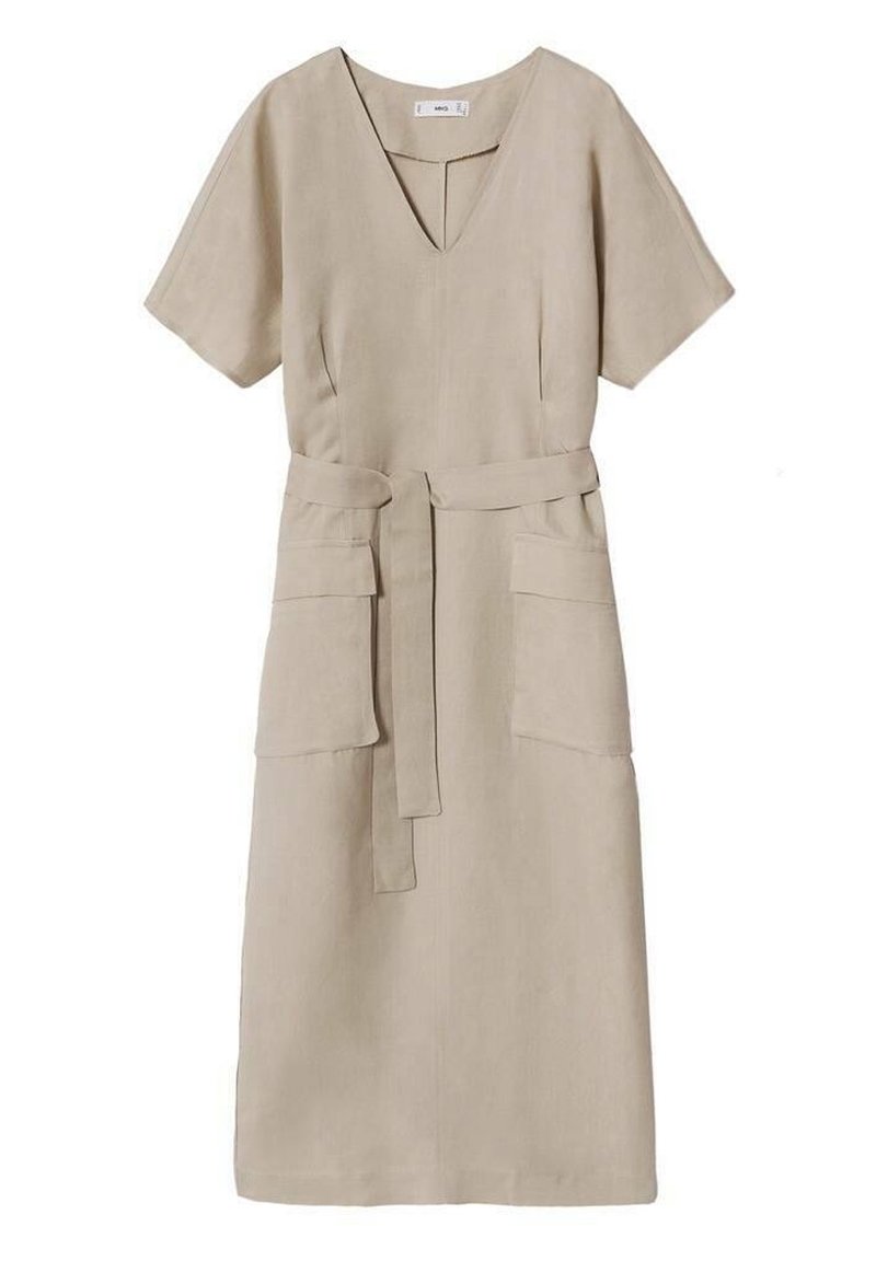 knee length dresses for ladies Mango Light Beige Stripe Button Linen Dress main image 1