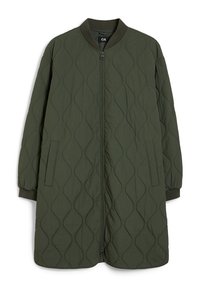 Olive green quilted long jacket with a front zipper, ribbed cuffs, and side pockets; features a wavy pattern on the fabric.
