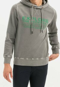 Gray hoodie with a front print in green, drawstrings, and ribbed cuffs and hem. Fabric appears soft with a slight texture.