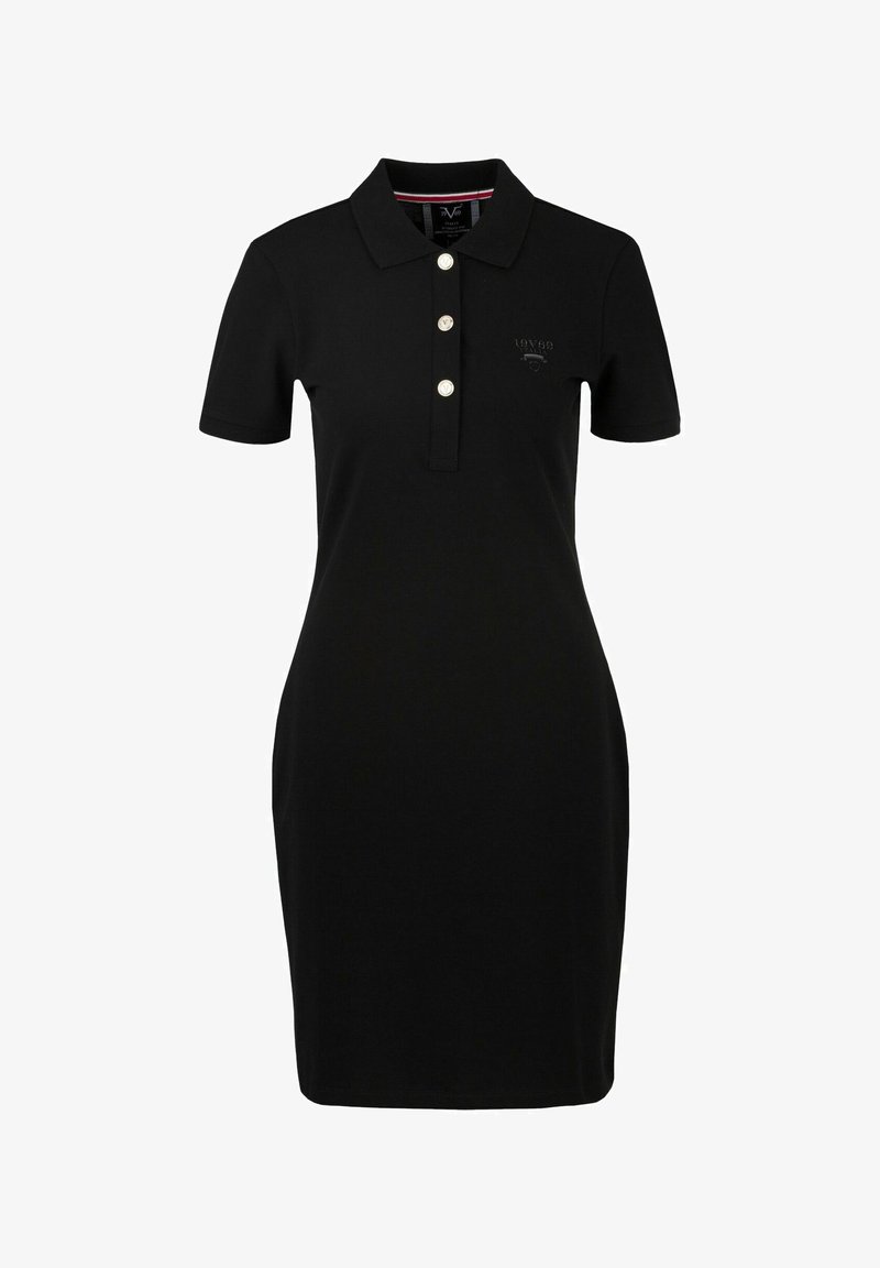 Zwarte polojurk van zacht materiaal, met een kraag, een drukknoopsluiting van drie knopen en een subtiele logodetail op de borst. Korte mouwen.