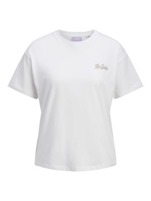 T-shirt blanc à manches courtes et col rond avec le texte "La Siesta" en beige clair sur la poitrine gauche.