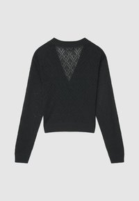 Maglione nero lavorato a maglia con motivo a diamante, design con scollo a V sul retro, maniche lunghe e orlo a coste. Tessuto leggero e vestibilità corta.