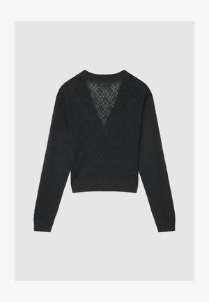 Schwarzer Strickpullover mit Rautenmuster, V-förmigem Rückendesign, langen Ärmeln und geripptem Saum. Leichte Textur und verkürzte Passform.