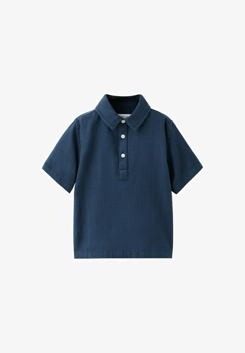 Short-sleeve navy blue polo shirt with three white buttons and a classic collar, displayed on a white background.