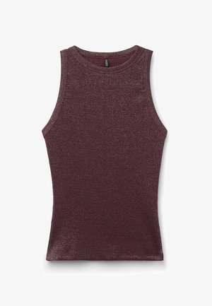 Bezrukávový tmavě fialový metalický pletený top se zaobleným výstřihem, přiléhavým střihem a rovním lemem.