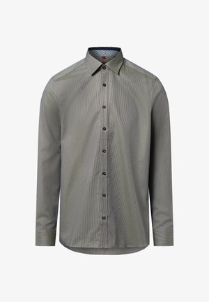 Graues Langarmhemd mit feinem Streifenmuster, Knopfverschluss vorne und kontrastierender Musterbesatz am Kragen.