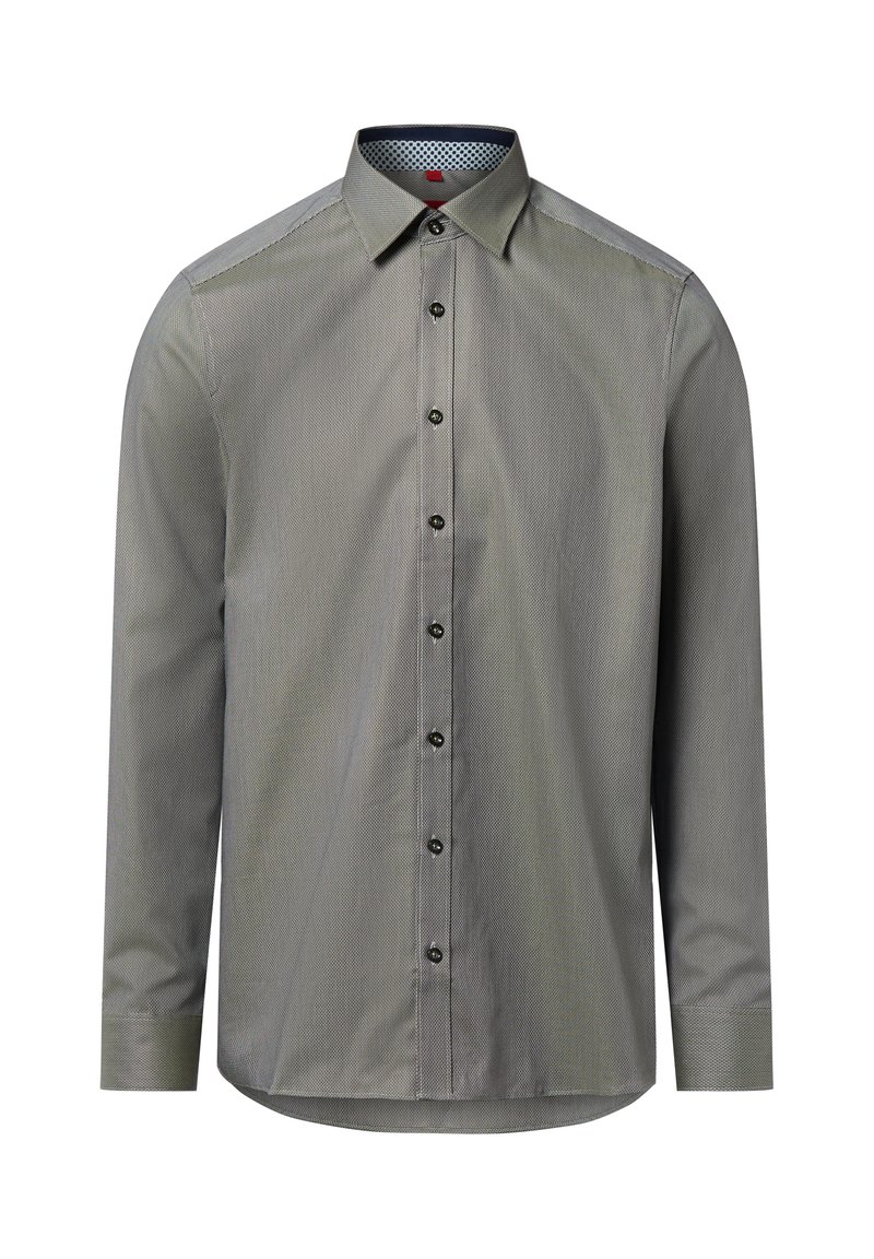 Szara koszula z długim rękawem z delikatnym paskowym wzorem, z przodem zapinanym na guziki oraz kontrastowym wzorem podszycia kołnierzyka.