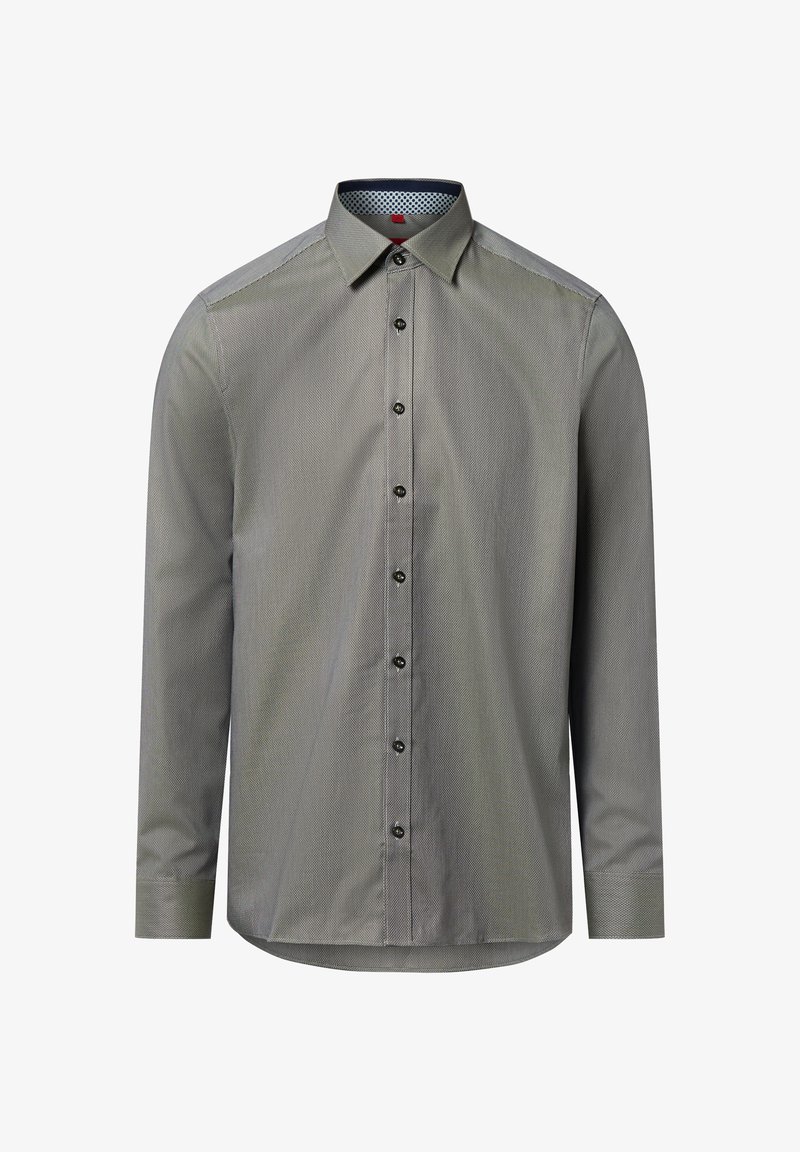 Szara koszula z długim rękawem z delikatnym paskowym wzorem, z przodem zapinanym na guziki oraz kontrastowym wzorem podszycia kołnierzyka.