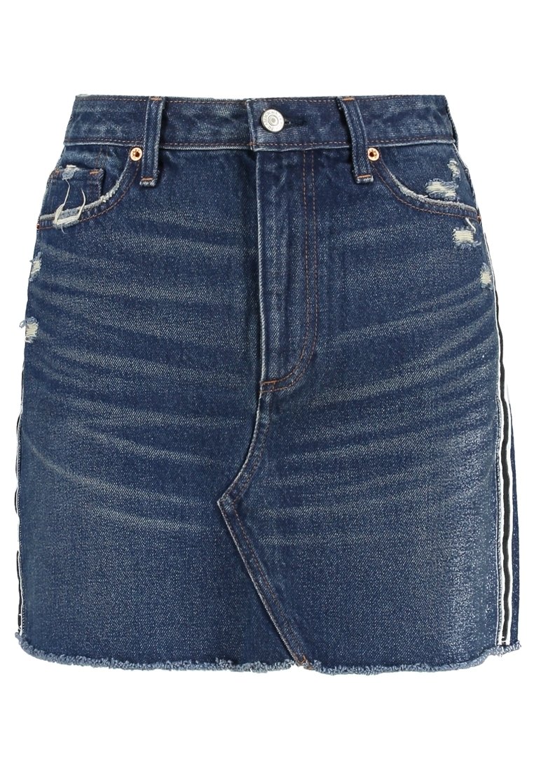 Džínová mini sukně s předními knoflíky, poutky na pásek, efektem opotřebení, třepeným lemem a svislými pruhy po stranách v tmavě modrém odstínu.