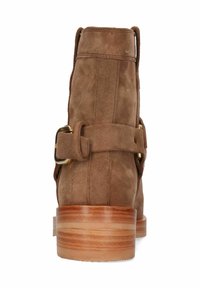 Botas de tobillo de ante marrón con un tacón de madera apilada, que presentan una correa ancha con una hebilla dorada y un detalle de costura vertical en la parte posterior.