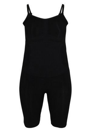 Mustaline üle keha riietus, reguleeritavate rihmadega, keha lähedane disain, sileda kangaga, kesk-reie pikkus, ilma õmblusteta ehitus ja õhuke mansett.