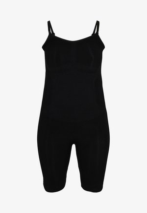 Crni bodi s podesivim naramenicama, prilagođenog kroja, izrađen od glatkog materijala, dužine do sredine bedra, s bešavnom konstrukcijom i tankim manžetama.