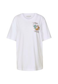 Biała bawełniana koszulka o luźnym kroju, z krótkimi rękawami i kolorowym logo graficznym na lewej stronie klatki piersiowej.
