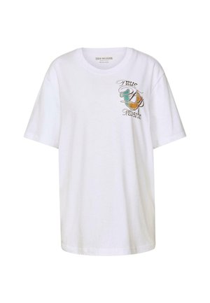 T-shirt bianca in cotone con vestibilità rilassata, maniche corte e un logo grafico colorato sulla parte sinistra del petto.