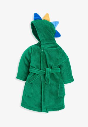 Peignoir de bain en terry vert avec une capuche ornée de pointes en tissu bleu, jaune et bleu, ceinture à nouer à l'avant et deux poches sur le devant.