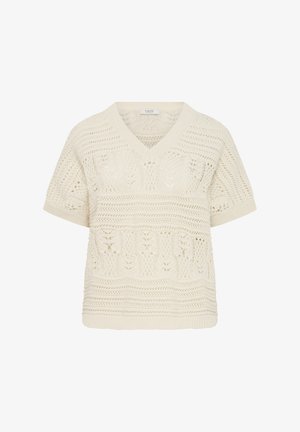 Pulover tricotat crem, cu decolteu în V, mâneci scurte și diverse modele dantelate care alternează cu benzi solide. Finisaj texturat.
