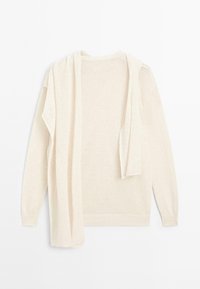 Light beige knitted sweater with long sleeves and a loose fit. Features a draped collar and ribbed hems. Soft texture, minimal design.