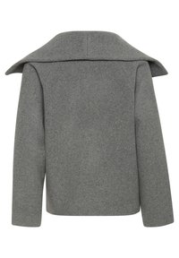 Grau melierte Wollmischungjacke mit breitem Reverskragen, überschnittenen Schultern und geradem Schnitt. Glatte Textur und minimalistisches Design.