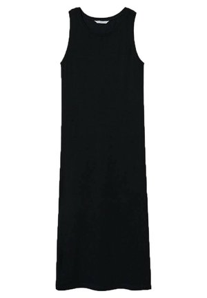 Czarna sukienka maxi bez rękawów z okrągłym dekoltem i prostą sylwetką, prezentowana na białym tle.