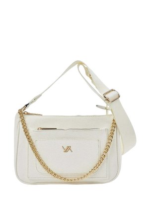 White textured leather shoulder bag with gold chain, front zipper pocket, adjustable strap, and small gold logo on pocket.