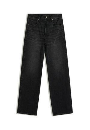 Jean denim noir à jambes droites avec poches avant, passants de ceinture et fermeture par bouton, présenté sur fond blanc.