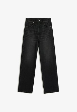 Jean denim noir à jambes droites avec poches avant, passants de ceinture et fermeture par bouton, présenté sur fond blanc.
