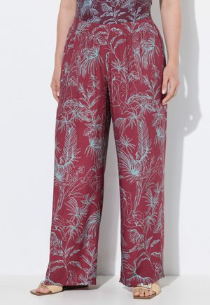 Pantaloni a gamba larga in tessuto bordeaux, caratterizzati da una stampa tropicale blu chiaro. Vita elastica e vestibilità ampia per un comfort ottimale. Indossate con sandali piatti.