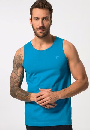 Turkis tanktop lavet af bomuld, med en rund halsudskæring og en tætsiddende pasform. Diskret logo på brystet. Glat tekstur uden mønstre.