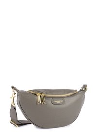 Borsa a tracolla in pelle grigia con forma curva, cerniere dorate e un accento con logo. Cinturino regolabile con dettagli in metallo dorato.