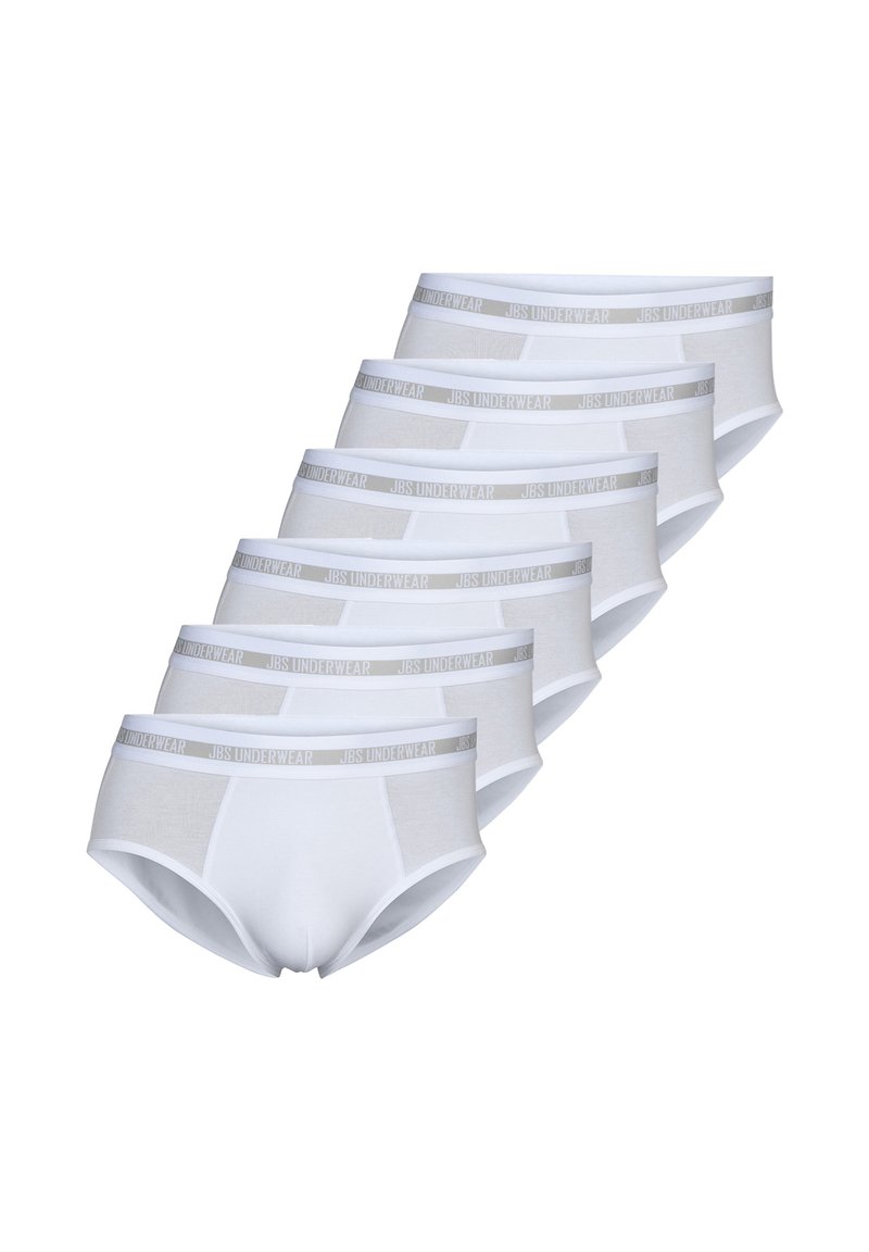 Set di sette paia di mutande di cotone bianche con una cintura elastica grigia etichettata "JBS UNDERWEAR", caratterizzate da un design classico a slip.