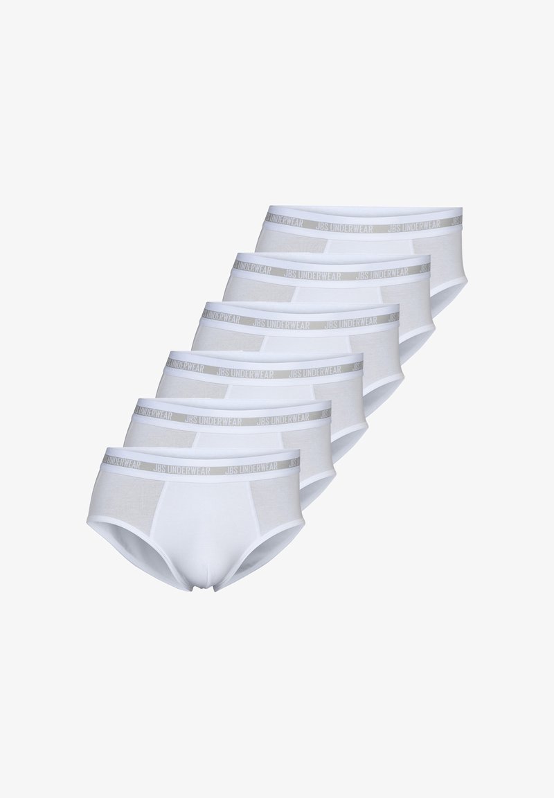 Sept paires de sous-vêtements en coton blanc avec une ceinture élastique grise portant l'étiquette "JBS UNDERWEAR", présentant un design de slip classique.
