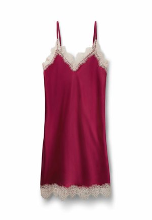 Robe nuisette en satin bordeaux avec bordure en dentelle crème le long de l'encolure et de l'ourlet, dotée de fines bretelles réglables.