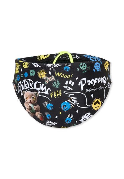 Masque facial noir avec des imprimés colorés de dessins animés, comprenant un ours en peluche, des visages souriants, des formes bleues ressemblant à des météores et des textes en style graffiti blanc.