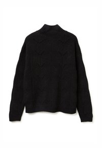 Maglione nero a maglia con colletto alto e a coste. Presenta un motivo testurizzato di linee curve e una vestibilità ampia e oversize. Maniche e orlo a coste.