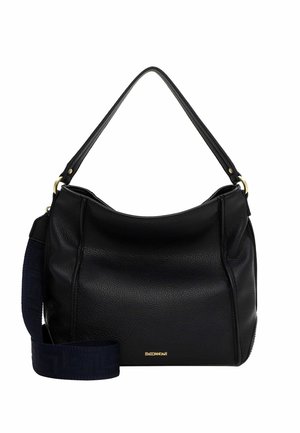 Borsa hobo in pelle nera con superficie lavorata, tracolla singola e cinturino in tessuto a contrasto con dettagli in rilievo.