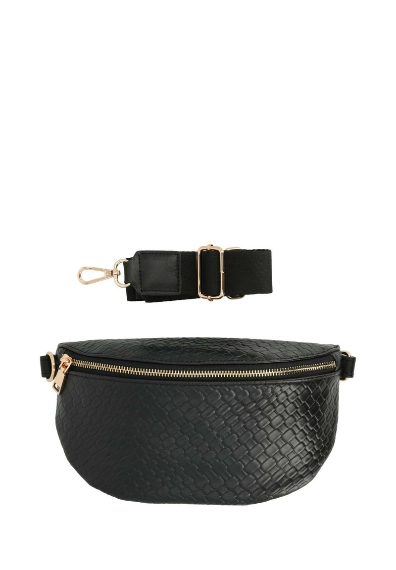 Fanny pack in ecopelle nera con una trama intrecciata, zip dorata e cordino regolabile. Presenta una forma compatta e arrotondata.