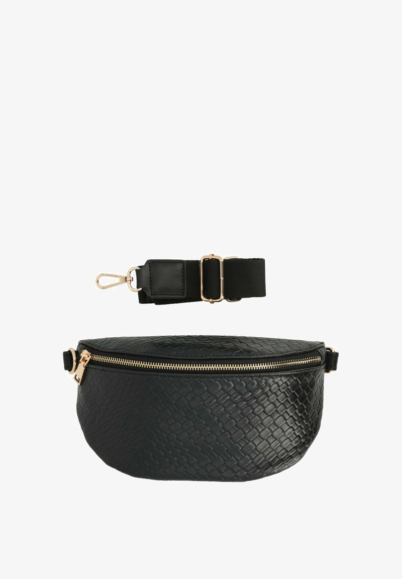 Fanny pack in ecopelle nera con una trama intrecciata, zip dorata e cordino regolabile. Presenta una forma compatta e arrotondata.