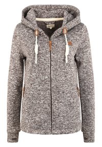 Felpa con cappuccio lavorata a maglia in marrone e crema, dotata di chiusura a zip e coulisse con dettagli in legno, polsini a coste e tasche laterali.