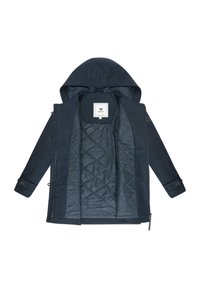 Mörkblå kappa med vadderad innerfoder, huva och knappdetaljer. Har dragkedja framtill och platt krage.
