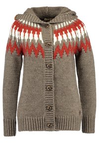 Sweter kardigan w kolorze szarym z czerwono-białymi wzorami w zygzak. Posiada kaptur, sześć guzików oraz ściągacze przy mankietach i dolnej krawędzi. Teksturowany materiał.