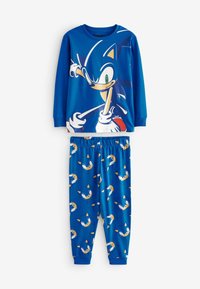 Blåt pyjamasæt med en langærmet top med et stort Sonic-grafik og bukser med elastisk talje og et mønster med hele Sonic-ansigter.