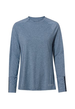 T-shirt de sport à manches longues en tissu bleu chiné. Doté de manches raglan, d'un col ras du cou et d'accents noirs sur les poignets.