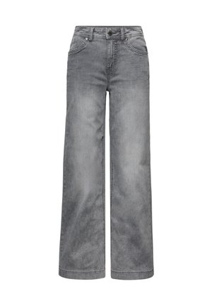 Weite Jeans aus faded grauem Denim, ausgestattet mit einem Knopfverschluss, Gürtelschlaufen, Vordertaschen und einer weichen Textur mit dezenten Gebrauchsspuren.