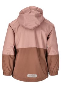 Vedenkestävä takki vaaleanpunaisena ja ruskeana. Ominaisuuksiin kuuluvat huppu, elastiset hihansuut, sahalaitakuvio ja sileä pinta, jossa on kontrastivärisiä paloja.