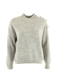 Maglione grigio chiaro lavorato a maglia con motivo a diamante, design leggermente cropped, collo rotondo e bottoni decorativi sulla spalla.
