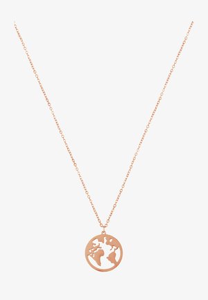 Halskette aus Roségold mit einem runden Anhänger der Erde, der mit ausgeschnittenen Kontinenten und einer zarten Kette versehen ist. Glatte Metalloberfläche.